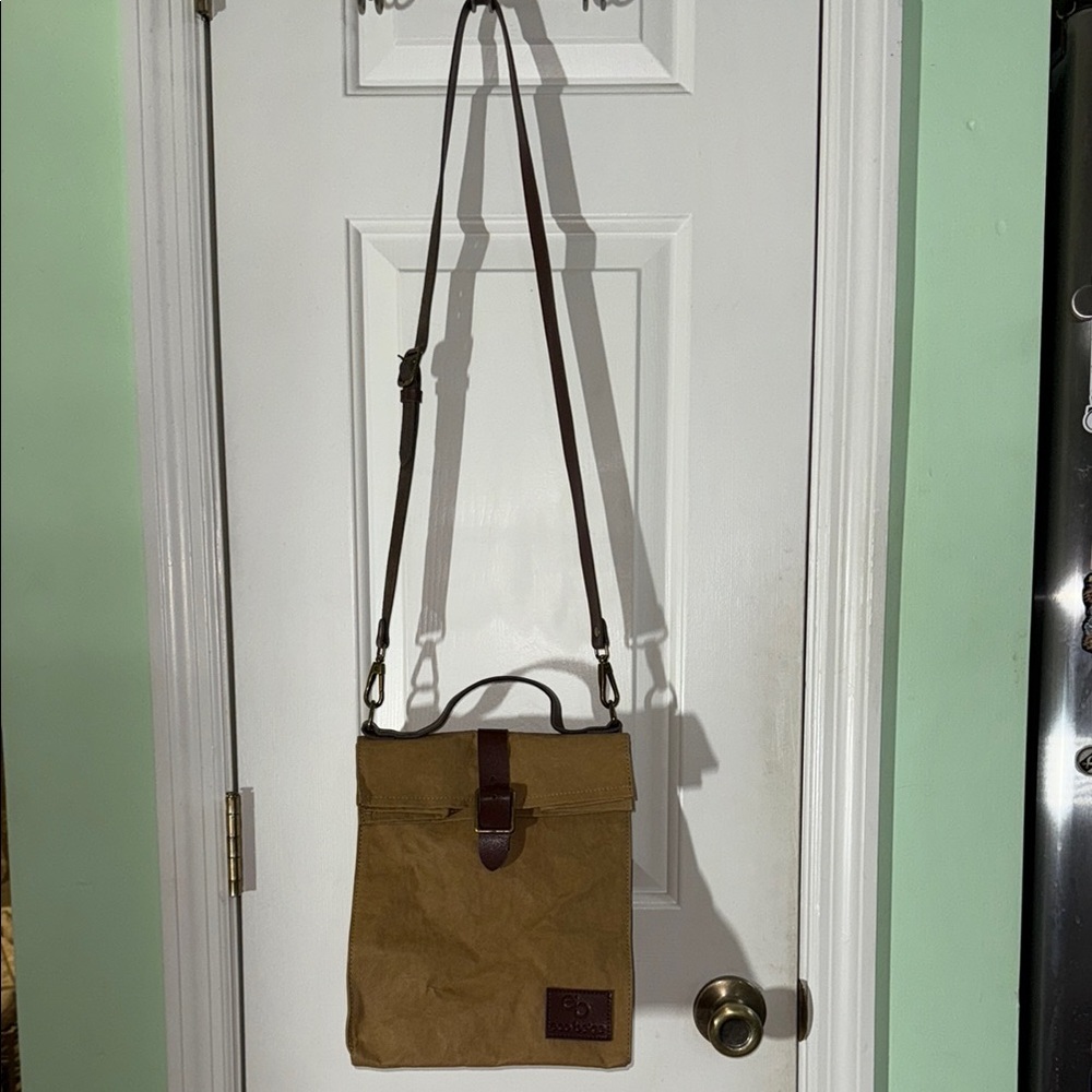 Eco-Beige Brown Leather-Trimmed Brown Paper Bag Crossbody Bag Recycled 9x11x5.5